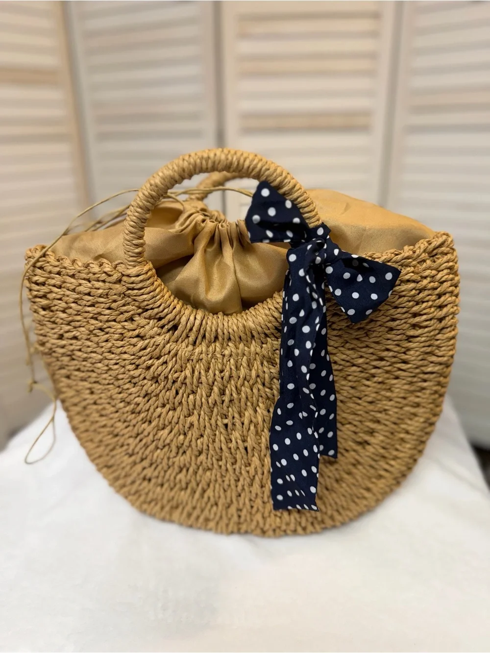 NWOT Woven Straw Satchel with Navy Polka Dot Handle Accent